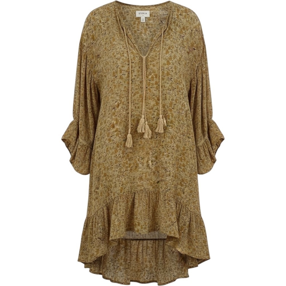 Storia S Mustard Yellow Floral Tassel Tunic Midi Dress Boho Revival Cottagecore